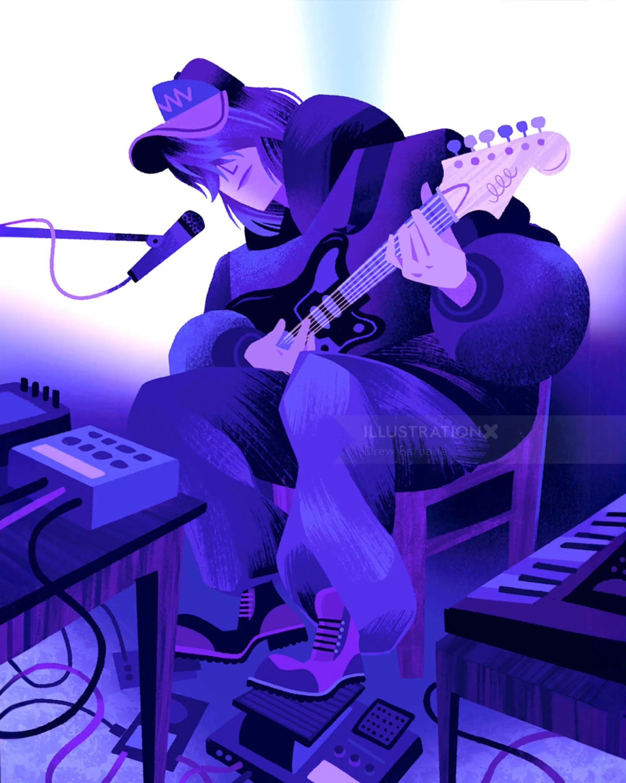 Illustration eines Musikers, der mit seinem musikalischen Equipment und farbenfroher Beleuchtung E-Gitarre spielt.