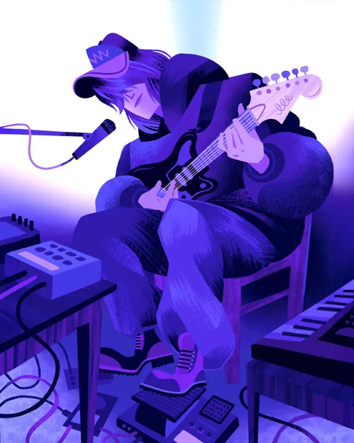 Illustration eines Musikers, der mit seinem musikalischen Equipment und farbenfroher Beleuchtung E-Gitarre spielt.