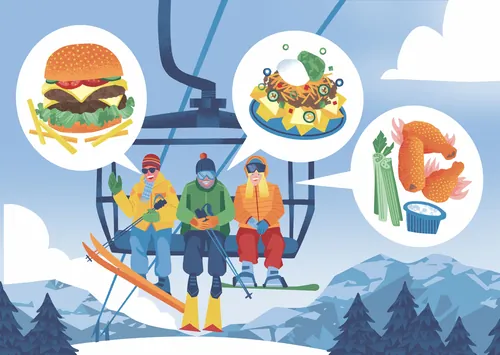 Three people on ski lift imagining food: burger, nachos, chicken wings