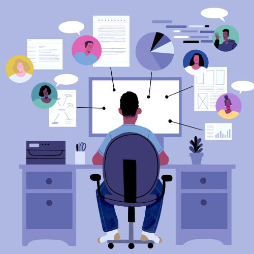 Person working at computer with floating icons of people and charts