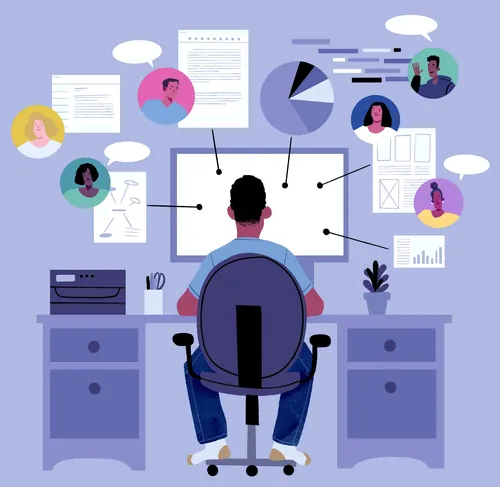 Person working at computer with floating icons of people and charts