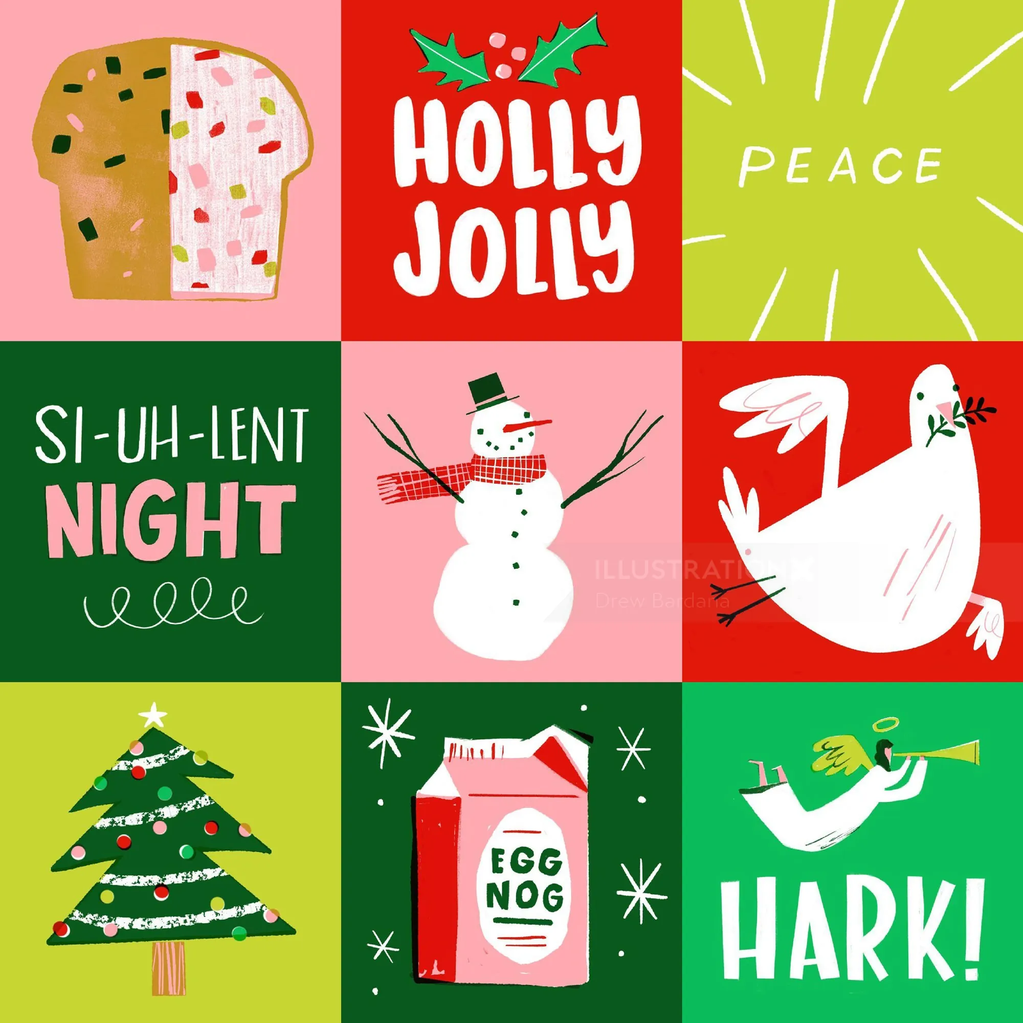 Holiday icons including bread, holly, peace, snowman, dove, tree, eggnog, angel