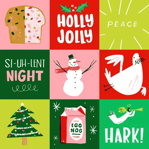 Holiday icons including bread, holly, peace, snowman, dove, tree, eggnog, angel