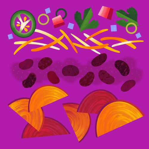Illustration of sweet potato nachos ingredients arranged on purple background