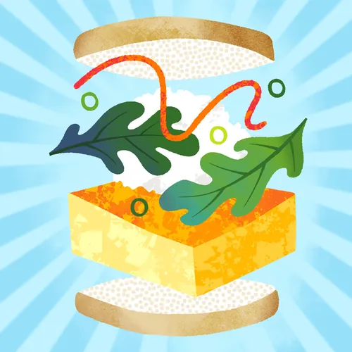 Illustration of sheet pan eggs sandwich with arugula and hot sauce