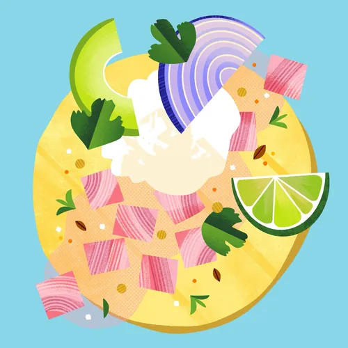 Pork cube tacos with avocado, lime, onion, and cilantro on tortilla