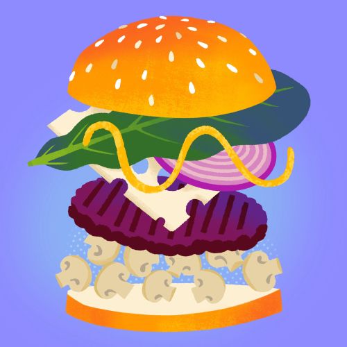 Illustration of a deconstructed mushroom Swiss burger with kale and mustard