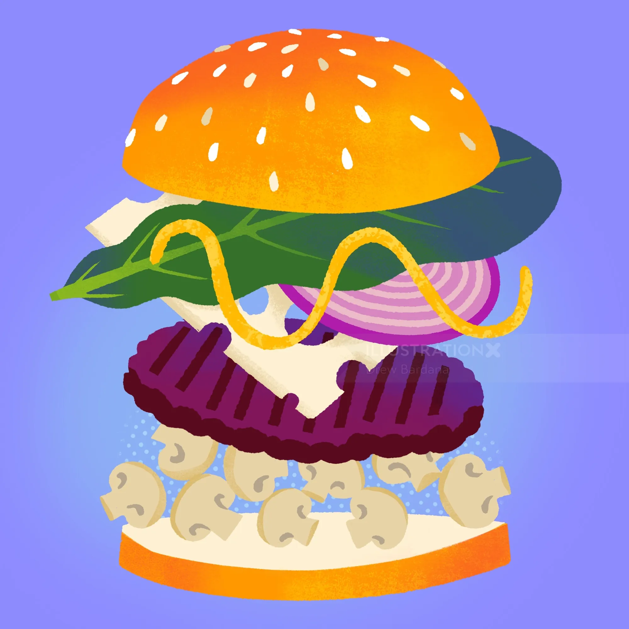 Illustration eines dekonstruierten Schweizer Pilzburgers mit Grünkohl und Senf