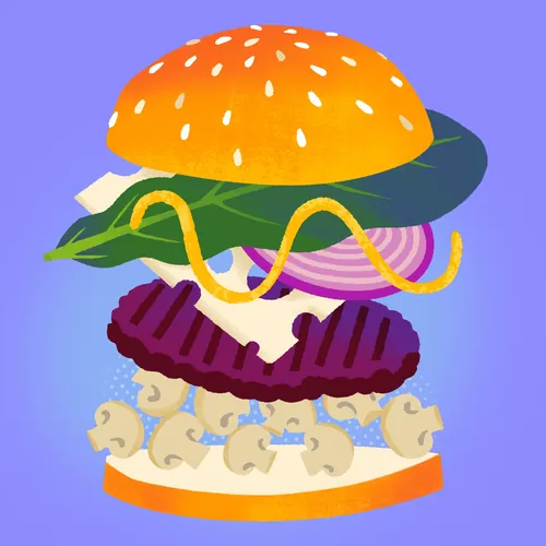 Illustration of a deconstructed mushroom Swiss burger with kale and mustard