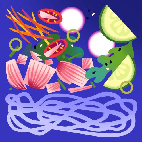 Colorful kimchi and cold noodle salad with vegetables and lime slices