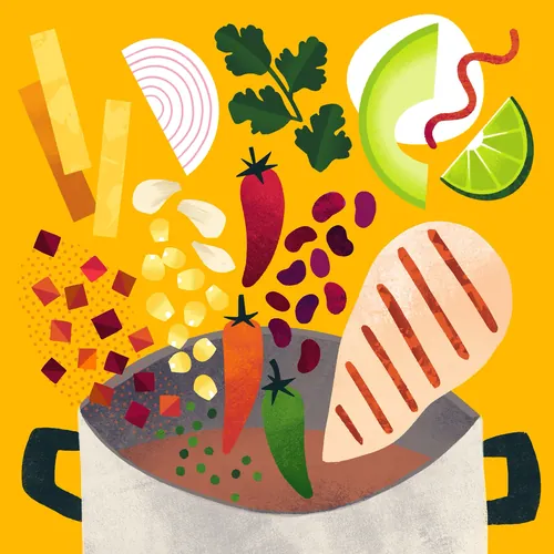 Illustration of chicken tortilla soup ingredients over a yellow background