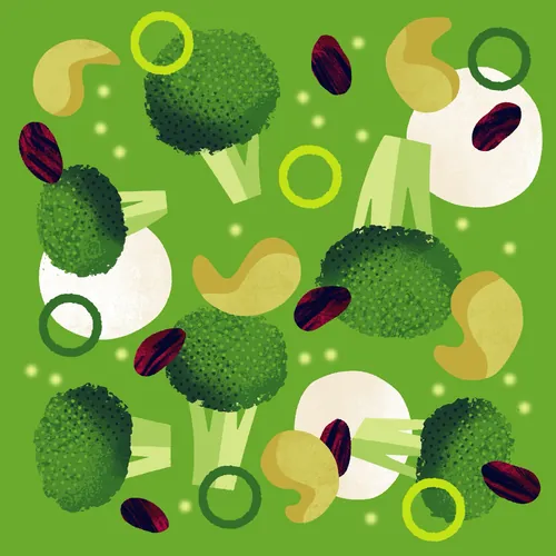 Broccoli salad with cashews, raisins, and sliced green onions
