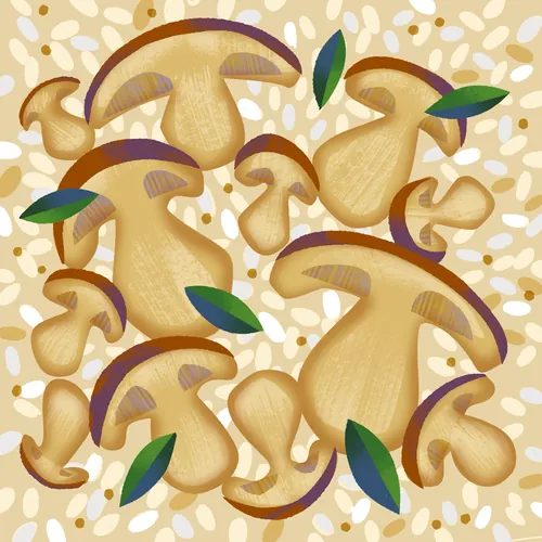 Illustration of porcini mushrooms and green leaves on a light background