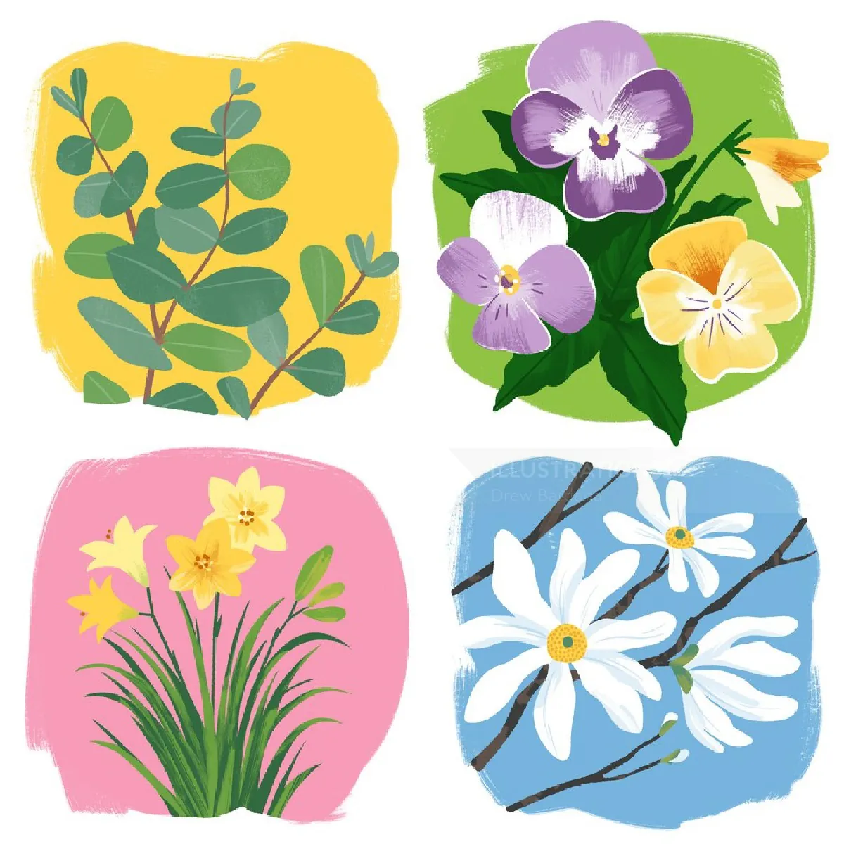 Spring floral icons with eucalyptus, pansies, daffodils, and daisies