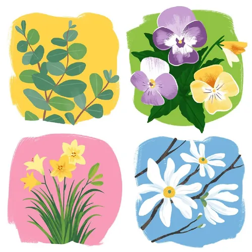 Spring floral icons with eucalyptus, pansies, daffodils, and daisies