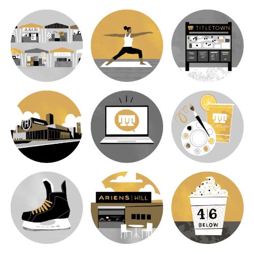 Illustrations of Titletown amenities including skating, dining, and events