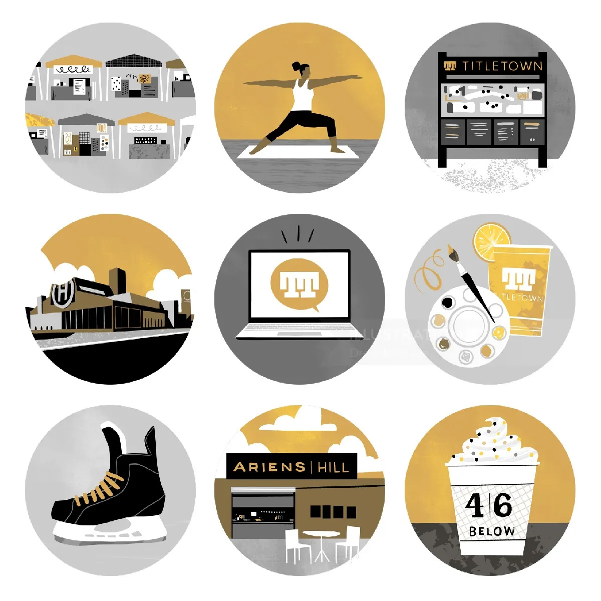 Illustrationen der Annehmlichkeiten von Titletown, darunter Eislaufen, Gastronomie und Veranstaltungen