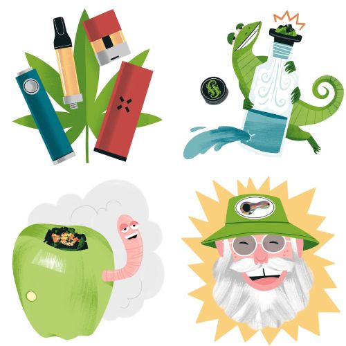 Illustrations of cannabis vape devices, chameleon, green apple with worm, and happy old man