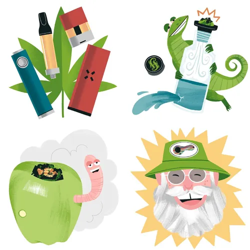 Illustrations of cannabis vape devices, chameleon, green apple with worm, and happy old man