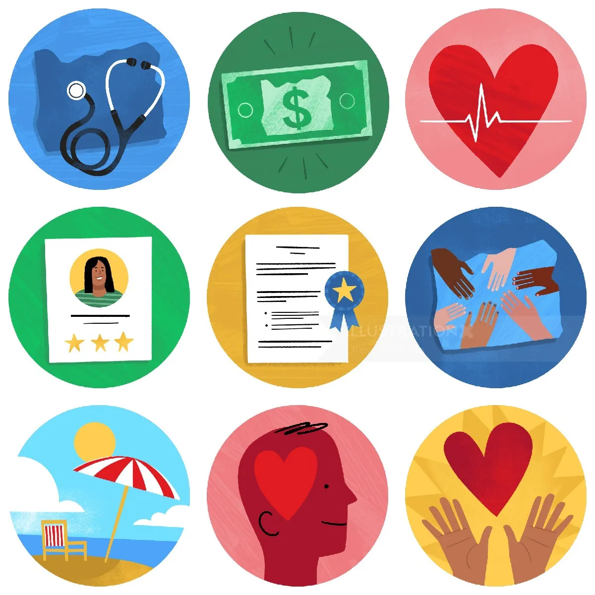 Conjunto de ícones, incluindo estetoscópio, dinheiro, coração, identidade, certificado, mãos, praia, cabeça e coração