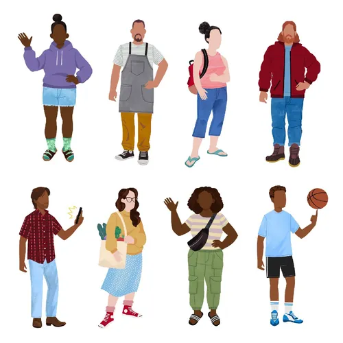 Eight diverse individuals posing in casual attire with different gestures
