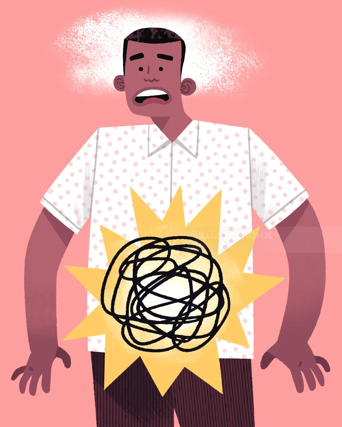 Illustration of man clutching stomach in distress symbolizing stress and digestion