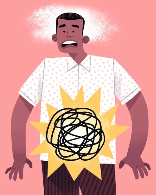 Illustration of man clutching stomach in distress symbolizing stress and digestion