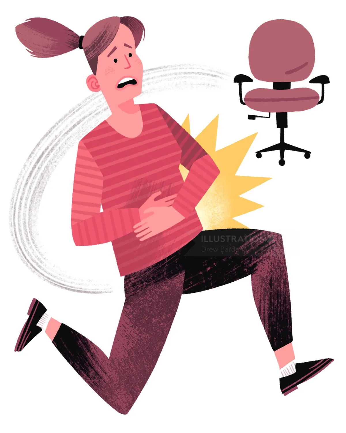 Woman clutching stomach in pain near empty office chair