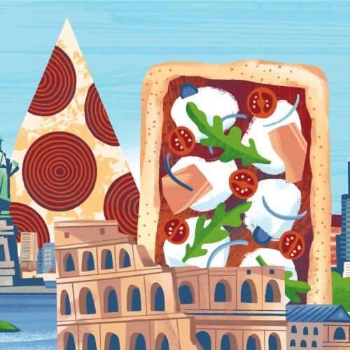 Illustration of pizza slices with famous world landmarks