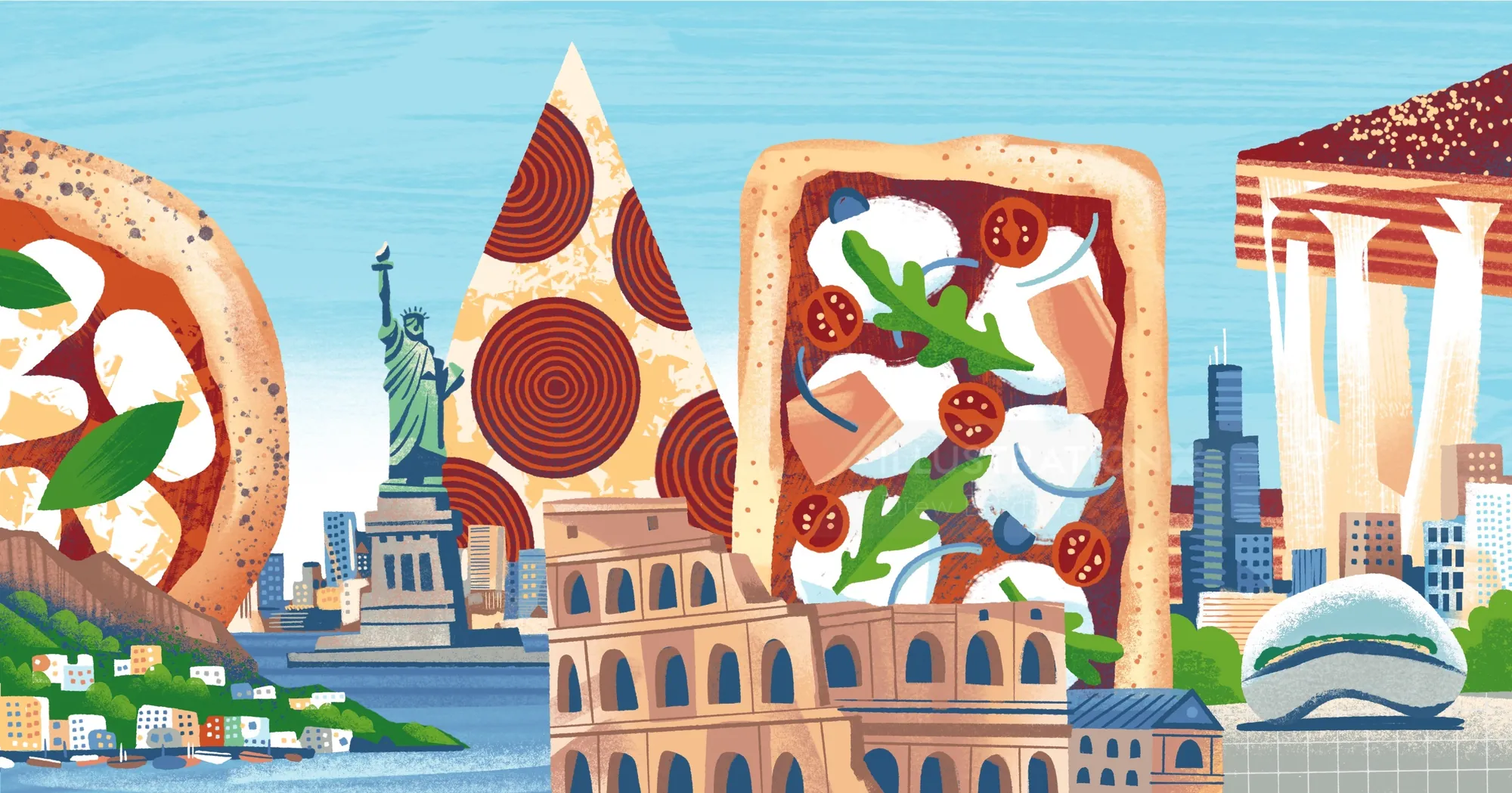 Illustration de tranches de pizza avec des monuments célèbres du monde