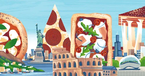 Illustration von Pizzastücken mit berühmten Sehenswürdigkeiten der Welt