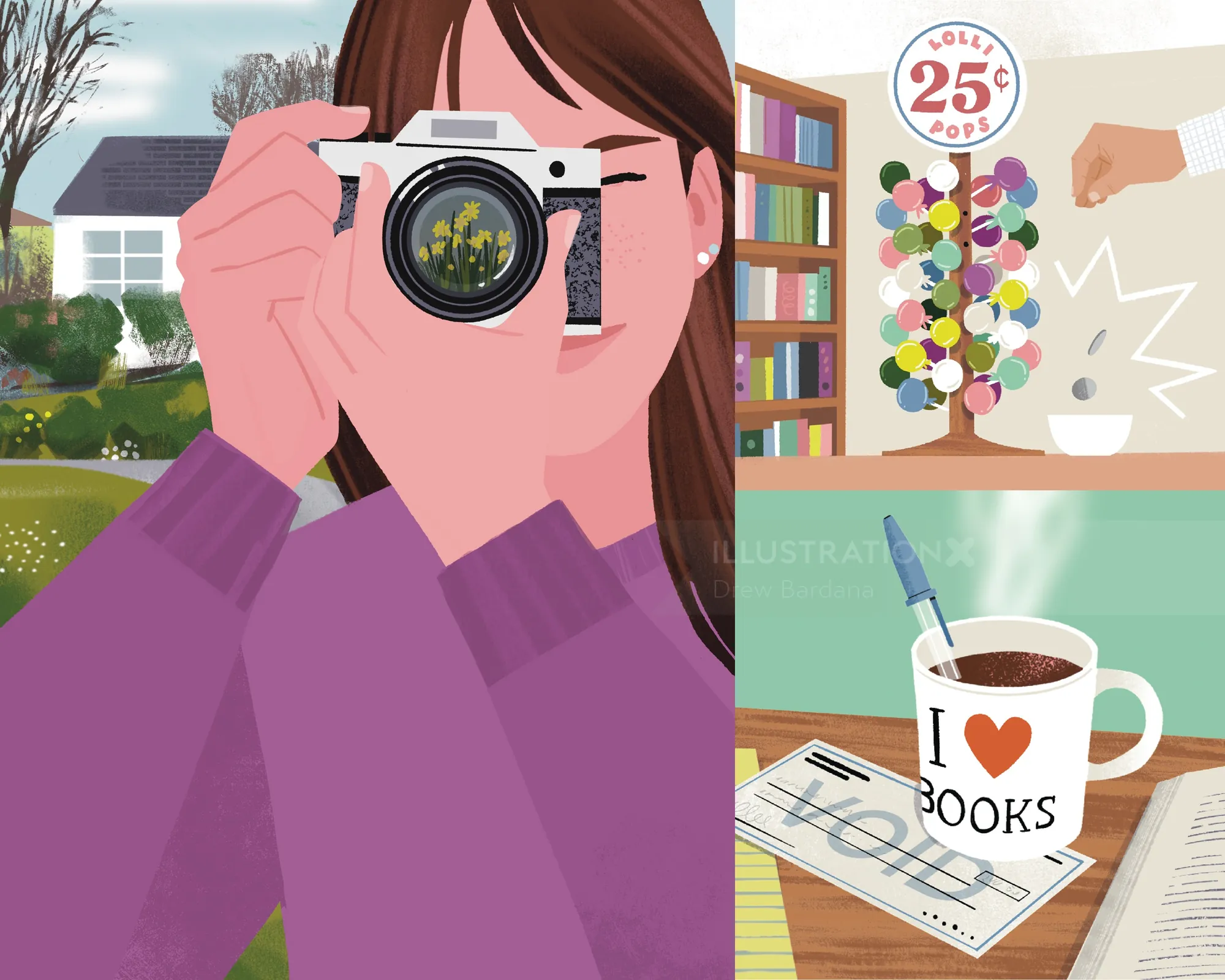 Teenagerin mit Kamera, Bücher und Kaffee in der Nähe