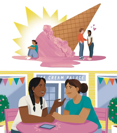 Illustration, die freundschaftliche Spannungen anhand eines Eisbechers und zweier sich unterhaltender Frauen darstellt.
