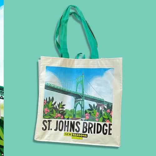Illustration of St. John's Bridge with flowers on reusable tote bag