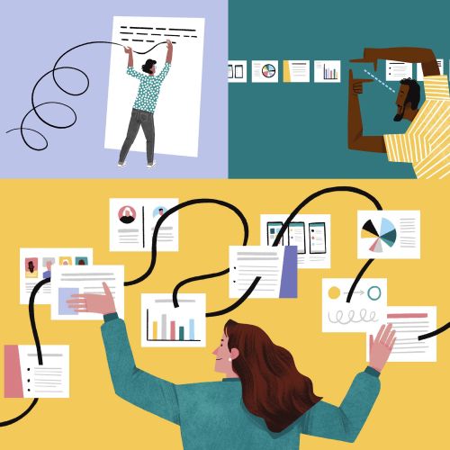 People organizing research data and charts for clear storytelling