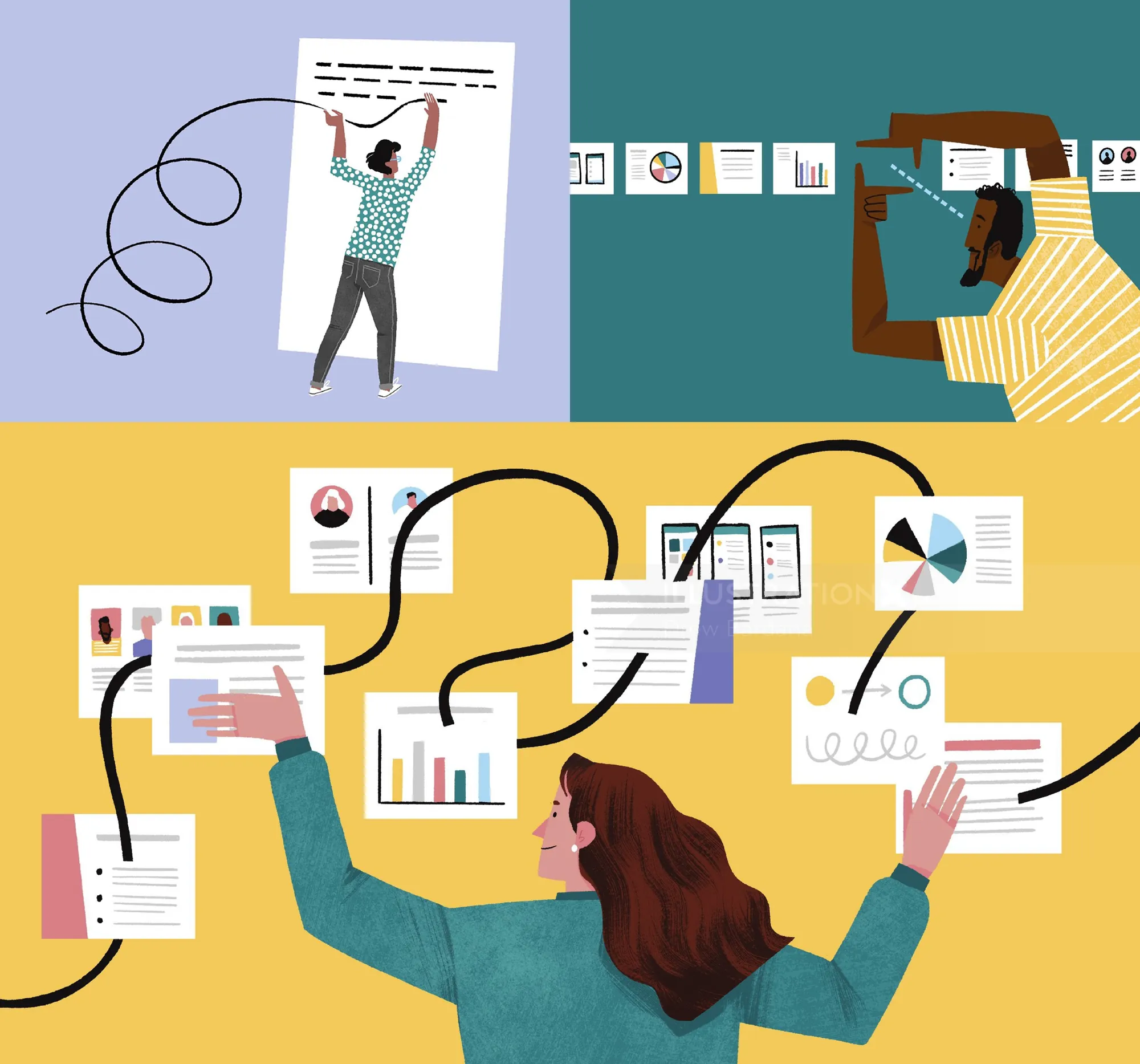 People organizing research data and charts for clear storytelling