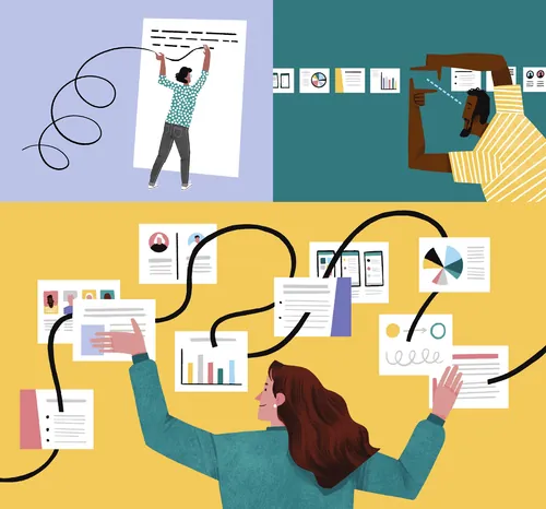 People organizing research data and charts for clear storytelling