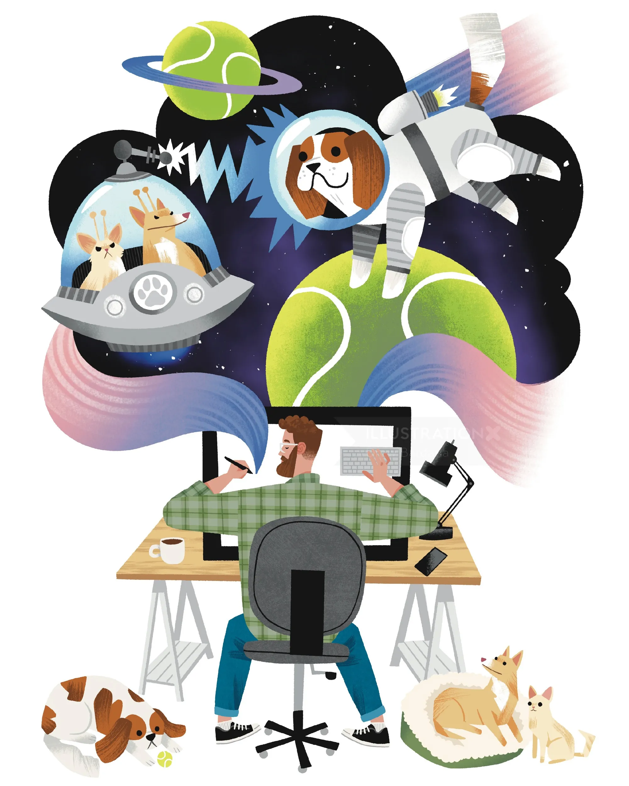 Persona en un escritorio con perros ilustrados como astronautas en el espacio.