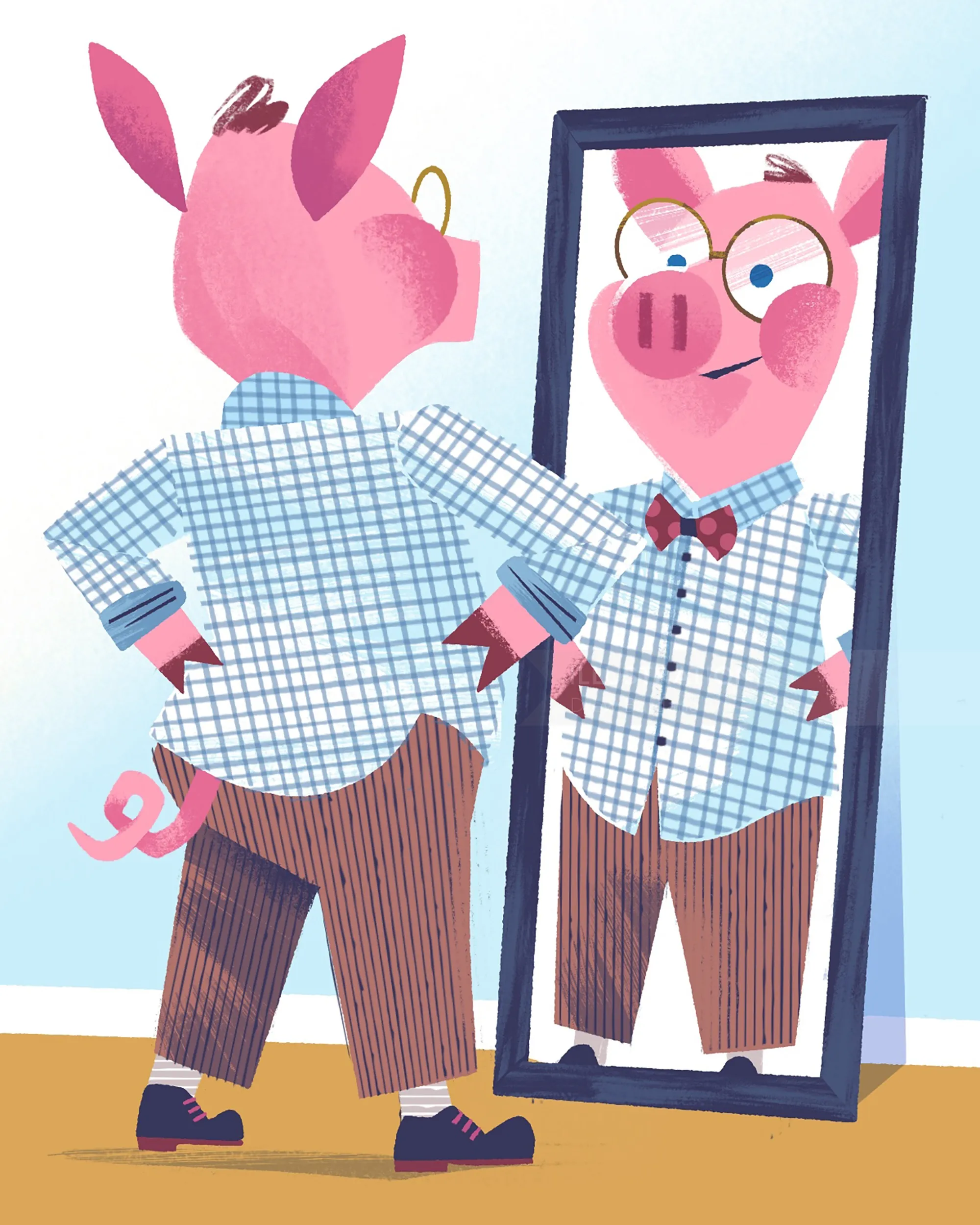 Illustration eines Schweins, das ein kariertes Hemd im Spiegel bewundert, von Drew Bardana