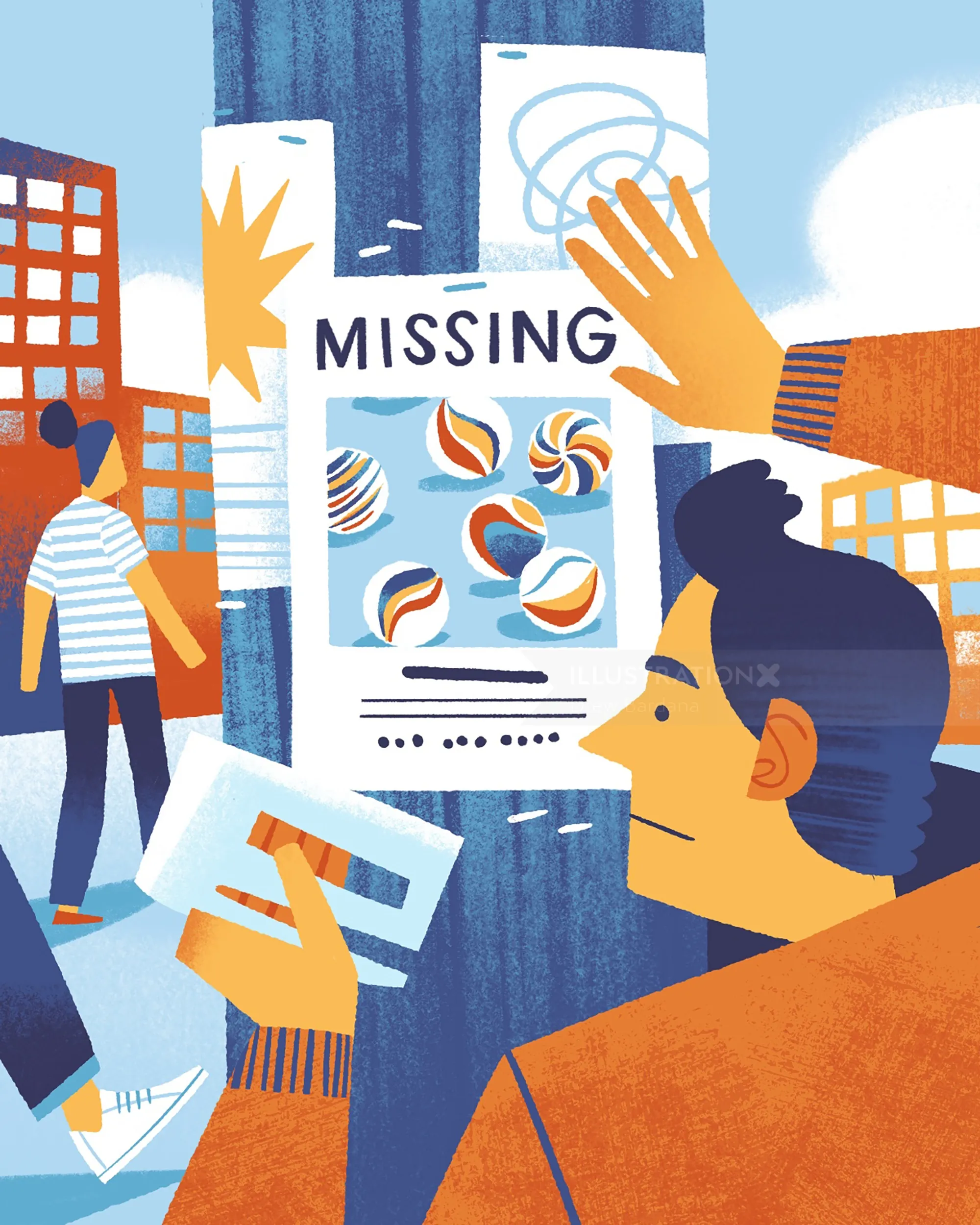 Illustration eines Mannes, der in der Stadt einen Flyer über vermisste Murmeln aushängt, von Drew Bardana