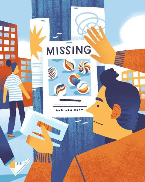 Illustration eines Mannes, der in der Stadt einen Flyer über vermisste Murmeln aushängt, von Drew Bardana