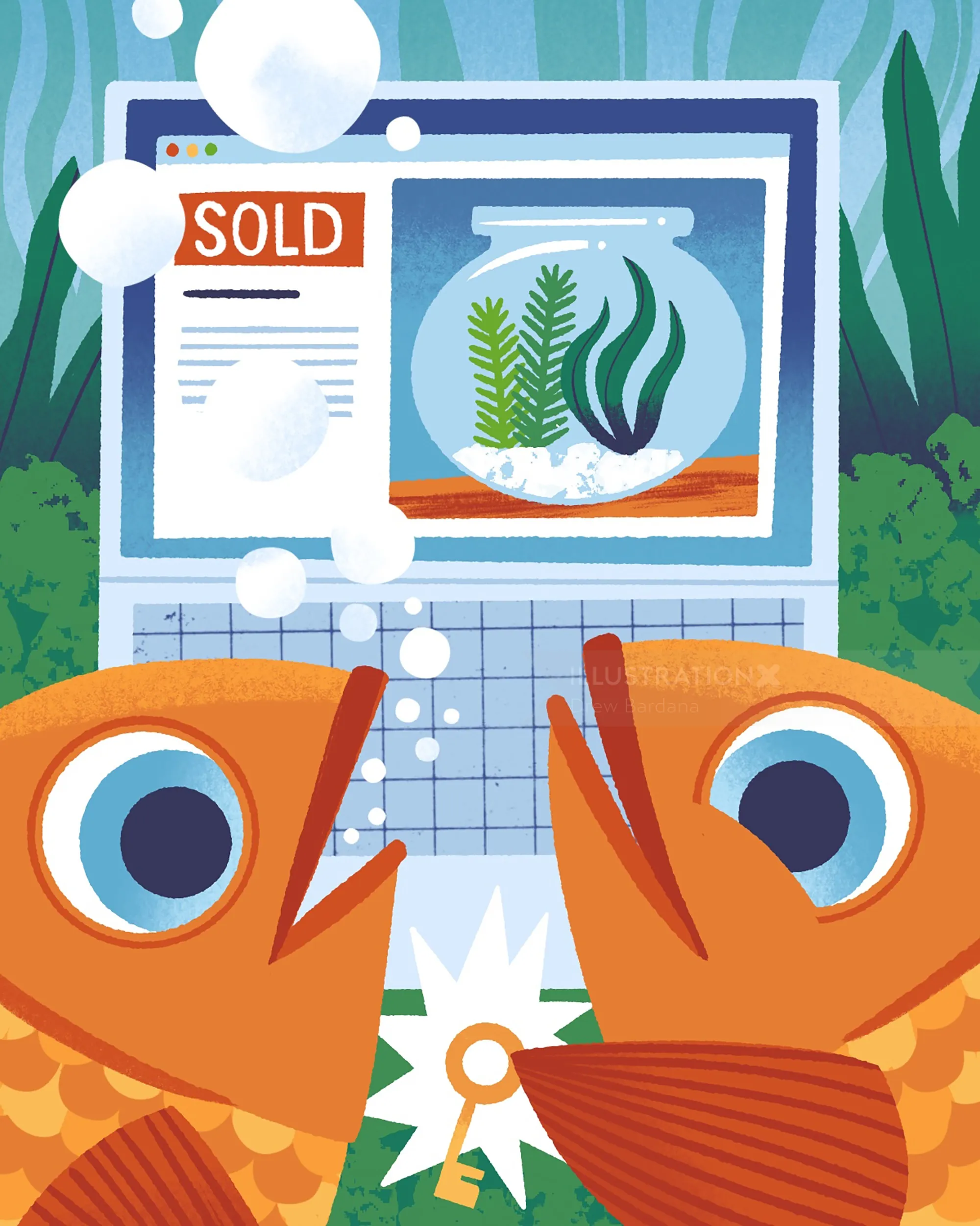 Zwei orangefarbene Fische schauen auf einen Computerbildschirm, der ein verkauftes Haus und ein Goldfischglas zeigt (von Drew Bardana).