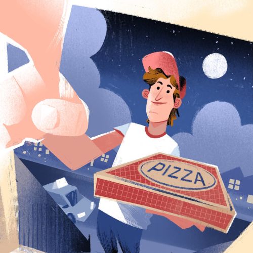 Pizza delivery person holding box at night by Drew Bardana