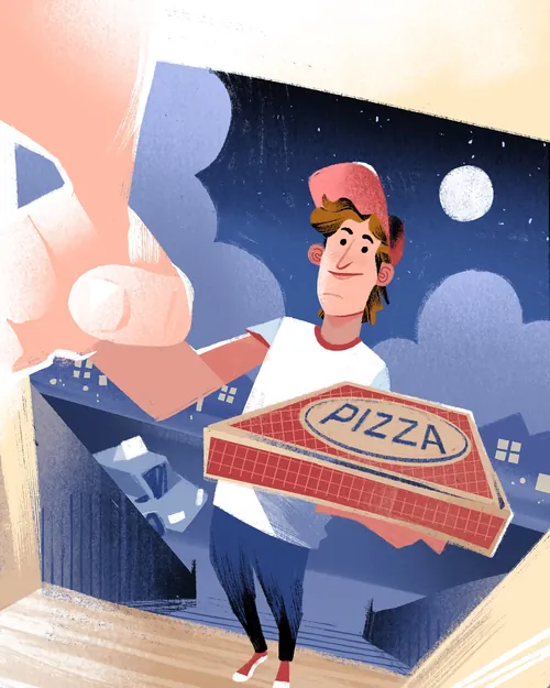 Pizzabote hält nachts einen Karton (Foto: Drew Bardana)