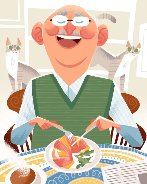 Illustration eines glücklichen Opas, der Prosciutto und Melone isst, von Drew Bardana