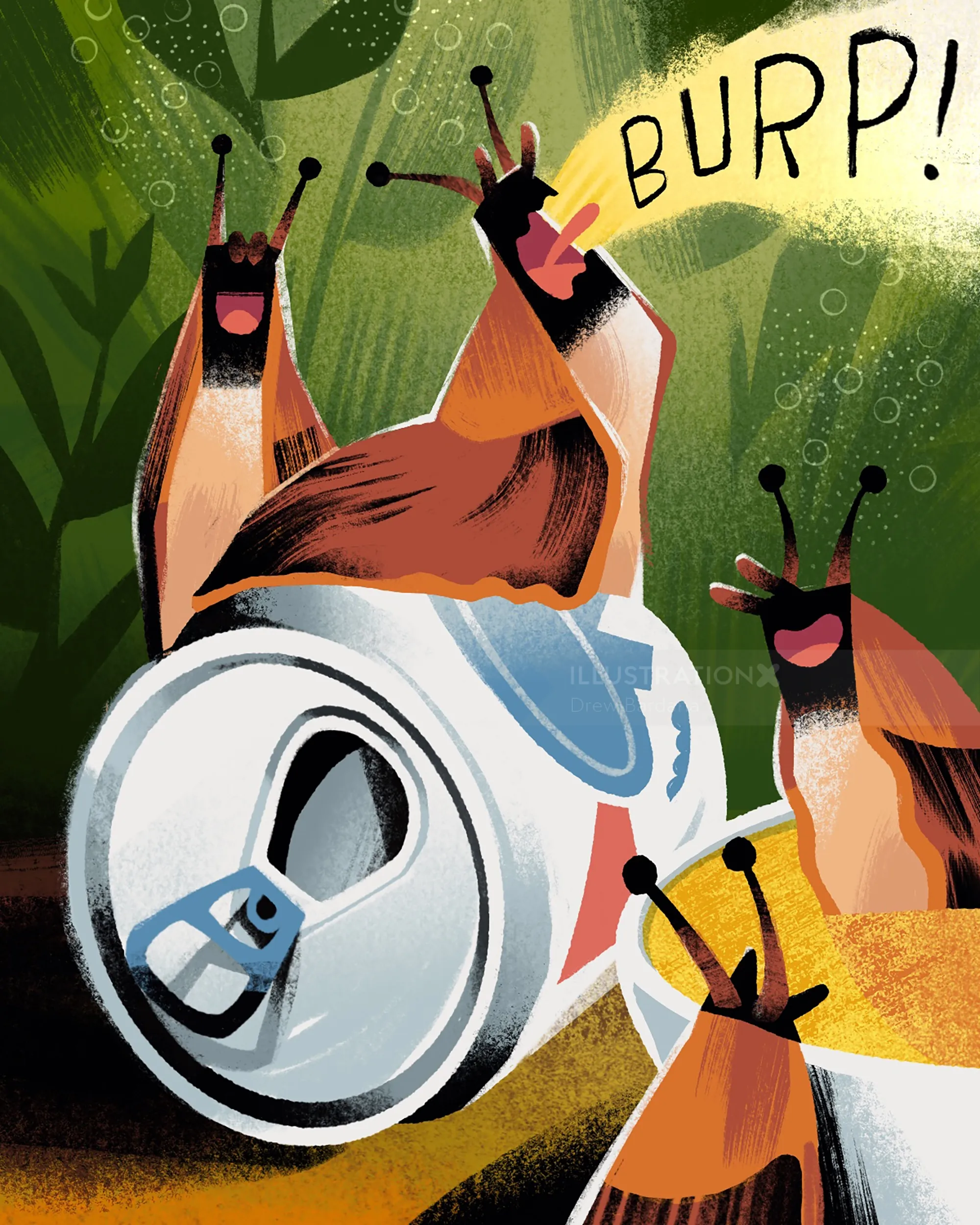 Illustration von Comic-Nacktschnecken neben einer rülpsenden Getränkedose, von Drew Bardana