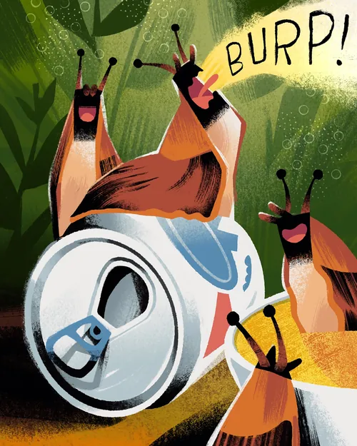 Illustration von Comic-Nacktschnecken neben einer rülpsenden Getränkedose, von Drew Bardana