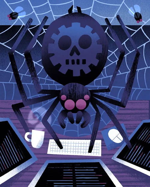 Gruselige Spinne mit rosa Augen programmiert an der Tastatur von Drew Bardana