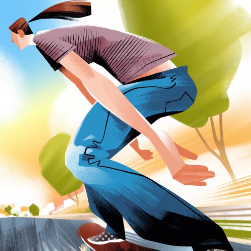 Dynamic skateboarder speeding downhill with trees in background by Drew Bardana