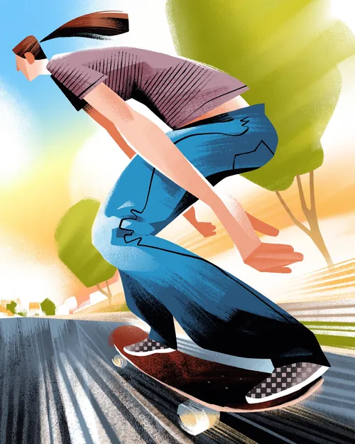Dynamischer Skateboarder rast den Hügel hinunter, Bäume im Hintergrund (Foto: Drew Bardana)